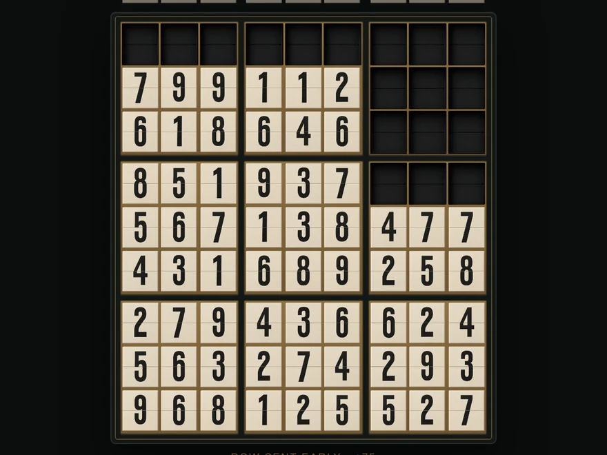A full Ninefold board: nine boxes of flip-card number tiles, rows landing from above, one box just cleared